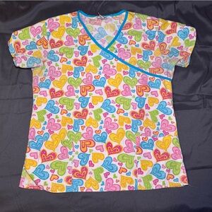 Just Love Colorful Heart Print Women's Scrub Top